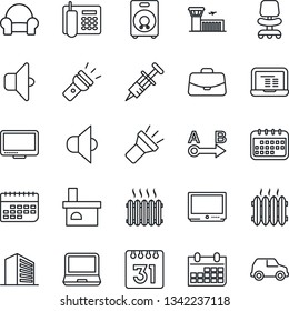 Thin Line Icon Set - airport building vector, office, chair, case, notebook pc, calendar, fireplace, syringe, term, route, speaker, tv, monitor, laptop, torch, phone, cushioned furniture, heater