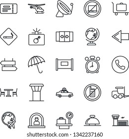 Thin Line Icon Set - airport tower vector, satellite antenna, fence, baggage trolley, cafe, automatic door, umbrella, alarm clock, phone, no mobile, laptop, smoking place, signpost, ticket, car