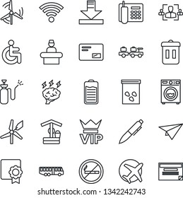 Thin Line Icon Set - airport bus vector, no smoking, vip, reception, baggage larry, pen, brainstorm, well, seeds, garden sprayer, disabled, plane, battery, mail, download, wireless, sertificate, hr