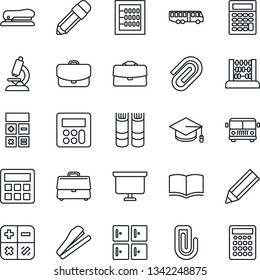 Thin Line Icon Set - airport bus vector, checkroom, book, calculator, graduate, abacus, presentation board, microscope, case, paper clip, pencil, stapler