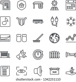 Thin Line Icon Set - airport bus vector, bed, pennant, desk, document, fence, rake, earth, rca, calendar, music, point graph, sun panel, sold signboard, office building, estate insurance, snowflake
