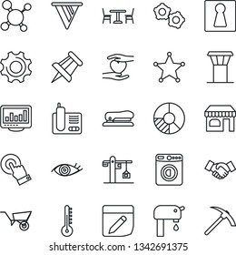 Thin Line Icon Set - airport tower vector, cafe, female, shop, washer, handshake, gear, drawing pin, circle chart, wheelbarrow, molecule, heart hand, eye, touch screen, radio phone, settings, notes