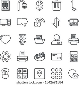 Thin Line Icon Set - airport bus vector, trash bin, dollar sign, calculator, printer, traffic light, route, finger down, heart, mail, menu, settings, data exchange, place tag, document folder, ladle
