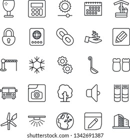 Thin Line Icon Set - airport bus vector, barrier, passport, book, tree, well, fragile, chain, calculator, notes, brightness, lock, photo gallery, calendar, salt and pepper, ladle, snowflake, gear