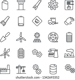 Thin Line Icon Set - airport tower vector, fork loader, gear, factory, trowel, glove, saw, flammable, oil barrel, reel, battery, low, root setup, sun panel, windmill, crane, water heater