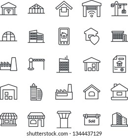 Thin Line Icon Set - airport tower vector, barrier, shop, greenhouse, store, warehouse storage, house, estate document, sold signboard, office building, sweet home, city, crane, factory, control app