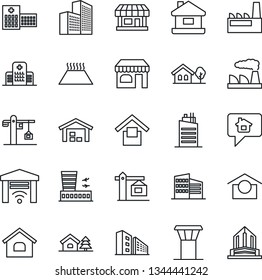 Thin Line Icon Set - airport tower vector, shop, building, factory, hospital, store, warehouse storage, office, house, with tree, city, crane, warm floor, garage gate control, home message