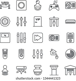 Thin Line Icon Set - airport tower vector, security gate, stamp, radar, scales, gamepad, settings, remote control, fast forward, tuning, record, air conditioner, vip zone, home, garage