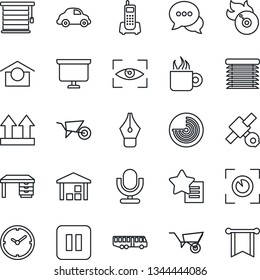 Thin Line Icon Set - airport bus vector, radar, desk, presentation board, wheelbarrow, satellite, office phone, car delivery, warehouse storage, up side sign, flame disk, microphone, dialog, clock