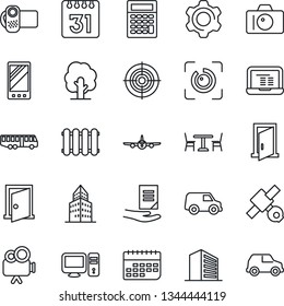 Thin Line Icon Set - airport bus vector, cafe, camera, plane, office building, notebook pc, document, tree, satellite, term, video, mobile, settings, calendar, eye id, target, radiator, door, car