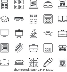 Thin Line Icon Set - airport bus vector, checkroom, book, calculator, graduate, abacus, presentation board, microscope, case, paper clip, pencil, stapler