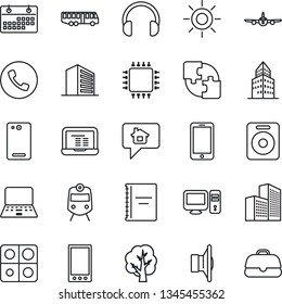 Thin Line Icon Set - airport bus vector, train, phone, plane, mobile, office building, notebook pc, tree, sun, speaker, headphones, back, application, calendar, copybook, chip, home message, case