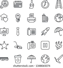 Thin Line Icon Set - airport bus vector, umbrella, coffee, brainstorm, bulb, printer, ladder, lawn mower, earth, camera, pause button, themes, office phone, tie, building, sweet home, police, rocket