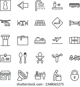 Thin Line Icon Set - airport tower vector, dispatcher, satellite antenna, taxi, departure, suitcase, baggage conveyor, bus, spoon and fork, cafe, passport control, automatic door, escalator, female