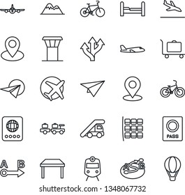 Thin Line Icon Set - airport tower vector, arrival, baggage trolley, train, passport, larry, ladder car, plane, seat map, bike, route, pin, place tag, mountains, bedroom, table, paper, air balloon