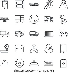 Thin Line Icon Set - airport bus vector, phone, ambulance car, doctor, 24 hours, support, cargo container, delivery, consolidated, heavy scales, search, cell, scanner, root setup, moving, reserved