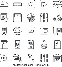 Thin Line Icon Set - airport tower vector, baggage conveyor, radar, stamp, scales, gamepad, settings, remote control, fast forward, rewind, rec button, tuning, record, air conditioner, vip zone, app