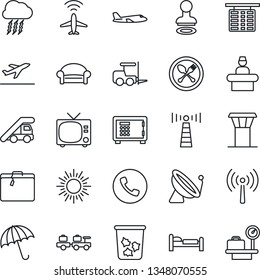 Thin Line Icon Set - airport tower vector, plane radar, antenna, satellite, departure, suitcase, spoon and fork, umbrella, phone, trash bin, tv, waiting area, reception, stamp, bed, loader, sun
