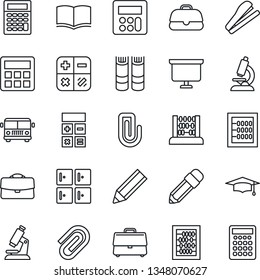 Thin Line Icon Set - airport bus vector, checkroom, book, calculator, graduate, abacus, presentation board, microscope, case, paper clip, pencil, stapler