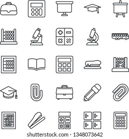Thin Line Icon Set - airport bus vector, checkroom, book, calculator, graduate, abacus, presentation board, microscope, case, paper clip, pencil, stapler
