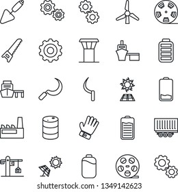 Thin Line Icon Set - airport tower vector, gear, trowel, glove, saw, sickle, truck trailer, sea port, oil barrel, reel, battery, low, windmill, crane, factory, sun panel