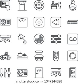 Thin Line Icon Set - airport tower vector, baggage conveyor, passport control, radar, stamp, scales, gamepad, settings, rewind, rec button, tuning, record, air conditioner, vip zone, home, remote