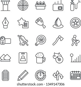 Thin Line Icon Set - airport tower vector, meeting, water drop, axe, garden sprayer, route, flame disk, video camera, favorites list, battery, mute, cellular signal, identity card, ink pen, target