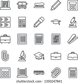Thin Line Icon Set - airport bus vector, checkroom, calculator, graduate, abacus, microscope, case, paper clip, pencil, stapler