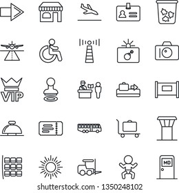 Thin Line Icon Set - airport tower vector, runway, antenna, fence, arrival, baggage conveyor, trolley, bus, passport control, trash bin, vip, ticket, bomb in case, reception bell, baby, disabled