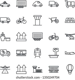 Thin Line Icon Set - airport tower vector, runway, taxi, train, alarm car, plane, helicopter, building, wheelbarrow, bike, railroad, truck trailer, delivery, sea port, cargo, up side sign, moving