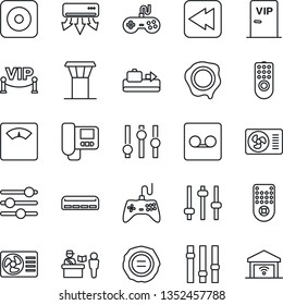 Thin Line Icon Set - airport tower vector, baggage conveyor, passport control, stamp, scales, gamepad, settings, remote, rewind, rec button, tuning, record, air conditioner, vip zone, intercome