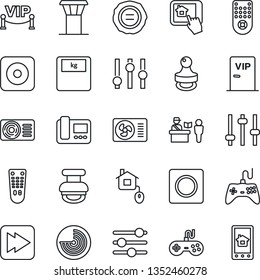 Thin Line Icon Set - airport tower vector, passport control, radar, stamp, scales, gamepad, settings, remote, fast forward, rec button, tuning, record, air conditioner, vip zone, home, intercome