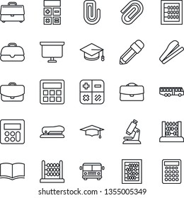 Thin Line Icon Set - airport bus vector, book, calculator, graduate, abacus, presentation board, microscope, case, paper clip, pencil, stapler