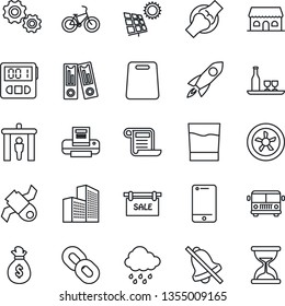 Thin Line Icon Set - airport bus vector, security gate, office binder, rain, bike, joint, satellite, cell phone, chain, stopwatch, mute, building, printer, sun panel, sale, alcohol, drink, cafe, fan
