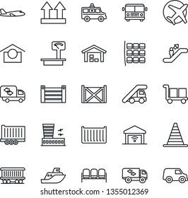 Thin Line Icon Set - airport bus vector, escalator, waiting area, ladder car, border cone, plane, seat map, building, ambulance, railroad, sea shipping, truck trailer, cargo container, up side sign