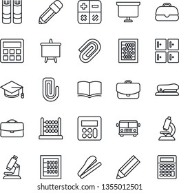 Thin Line Icon Set - airport bus vector, checkroom, book, calculator, graduate, abacus, presentation board, microscope, case, paper clip, pencil, stapler