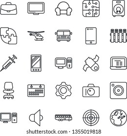 Thin Line Icon Set - airport bus vector, camera, helicopter, office chair, case, notebook pc, syringe, satellite, speaker, cell phone, monitor, mobile, settings, application, calendar, target, chip