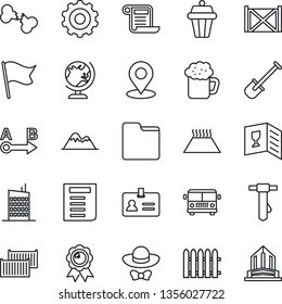 Thin Line Icon Set - airport bus vector, identity, globe, gear, medal, tie, document, shovel, fence, broken bone, cargo container, route, folder, place tag, mountains, city house, wine card, beer