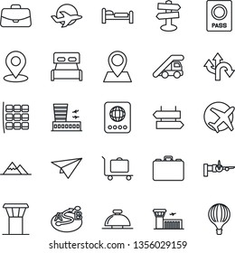 Thin Line Icon Set - airport tower vector, baggage trolley, signpost, reception bell, passport, bed, ladder car, boarding, seat map, building, case, route, pin, plane, place tag, mountains, bedroom