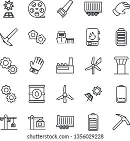 Thin Line Icon Set - airport tower vector, gear, glove, saw, truck trailer, sea port, oil barrel, reel, battery, low, windmill, crane, factory, water heater, sun panel, hard work