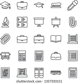 Thin Line Icon Set - airport bus vector, checkroom, book, calculator, graduate, abacus, presentation board, microscope, case, paper clip, pencil, stapler