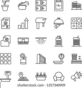 Thin Line Icon Set - airport building vector, checkroom, office, growth statistic, seedling, pulse clipboard, navigation, heavy scales, railroad, menu, application, meeting, water supply, city house