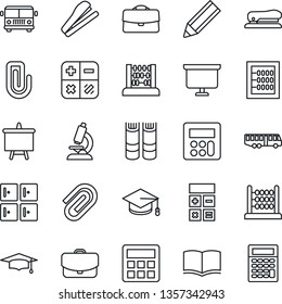 Thin Line Icon Set - airport bus vector, checkroom, book, calculator, graduate, abacus, presentation board, microscope, case, paper clip, pencil, stapler