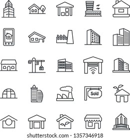 Thin Line Icon Set - airport building vector, office, factory, greenhouse, warehouse storage, house, with garage, tree, sold signboard, crane, cafe, eco, home control app, gate, storefront