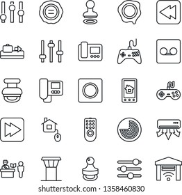 Thin Line Icon Set - airport tower vector, baggage conveyor, passport control, stamp, radar, gamepad, settings, fast forward, rewind, tuning, record, home, remote, air conditioner, intercome, app