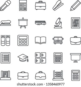 Thin Line Icon Set - airport bus vector, checkroom, book, calculator, graduate, abacus, presentation board, microscope, case, pencil, stapler