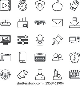 Thin Line Icon Set - airport bus vector, barrier, mail, calendar, glove, pumpkin, microphone, cell phone, radio, group, paper pin, tuning, user, alarm, download, video, monitor statistics, wireless