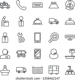 Thin Line Icon Set - airport bus vector, reception bell, baby room, ambulance car, support, client, cargo container, delivery, consolidated, heavy scales, search, mobile, call, root setup, waiter