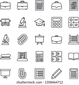 Thin Line Icon Set - airport bus vector, checkroom, book, calculator, graduate, abacus, presentation board, microscope, case, paper clip, pencil, stapler