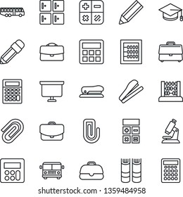 Thin Line Icon Set - airport bus vector, checkroom, book, calculator, graduate, abacus, presentation board, microscope, case, paper clip, pencil, stapler